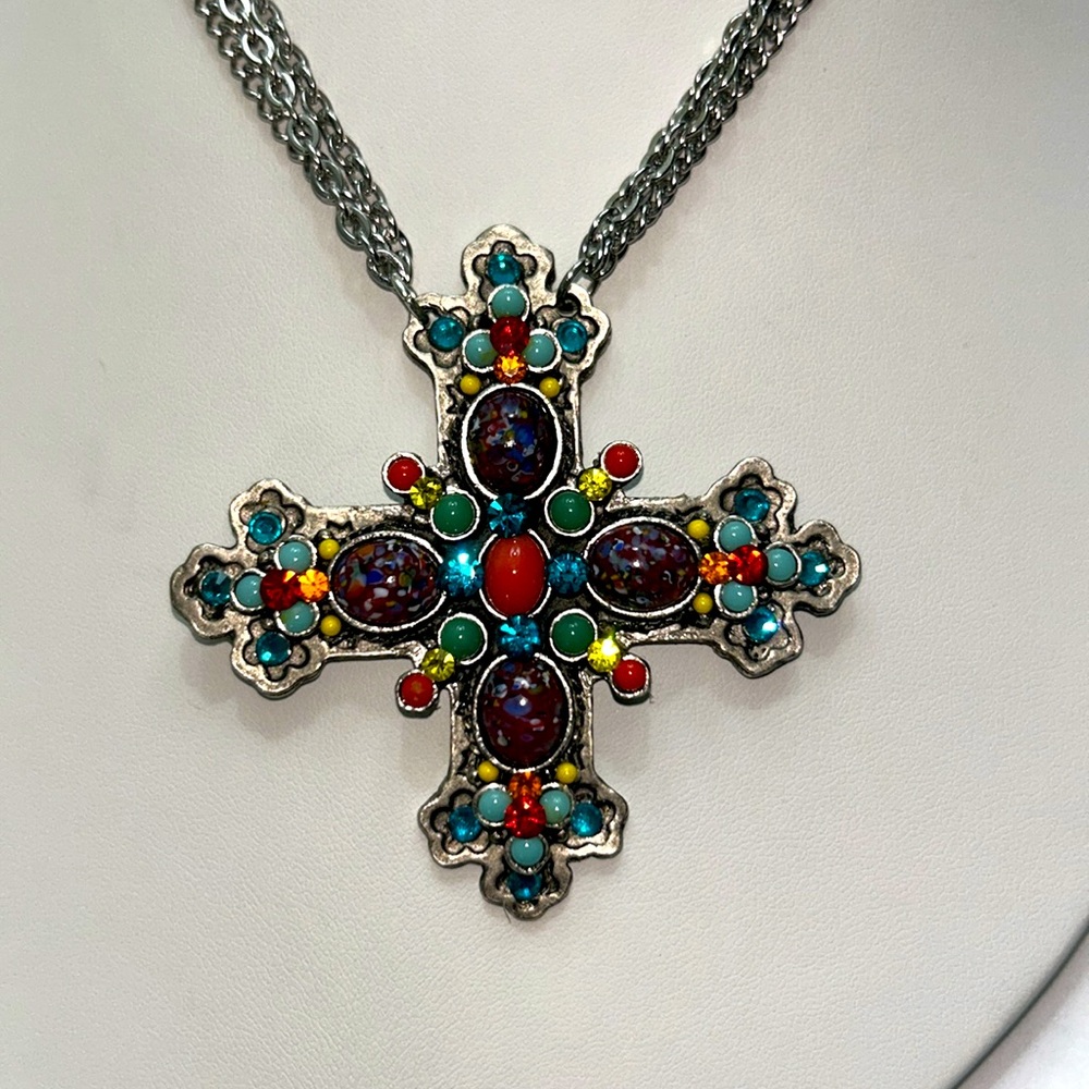 Colorful Vintage F.A.I.T.H.Brand Cross Pendant Triple Stainless Chain Necklace